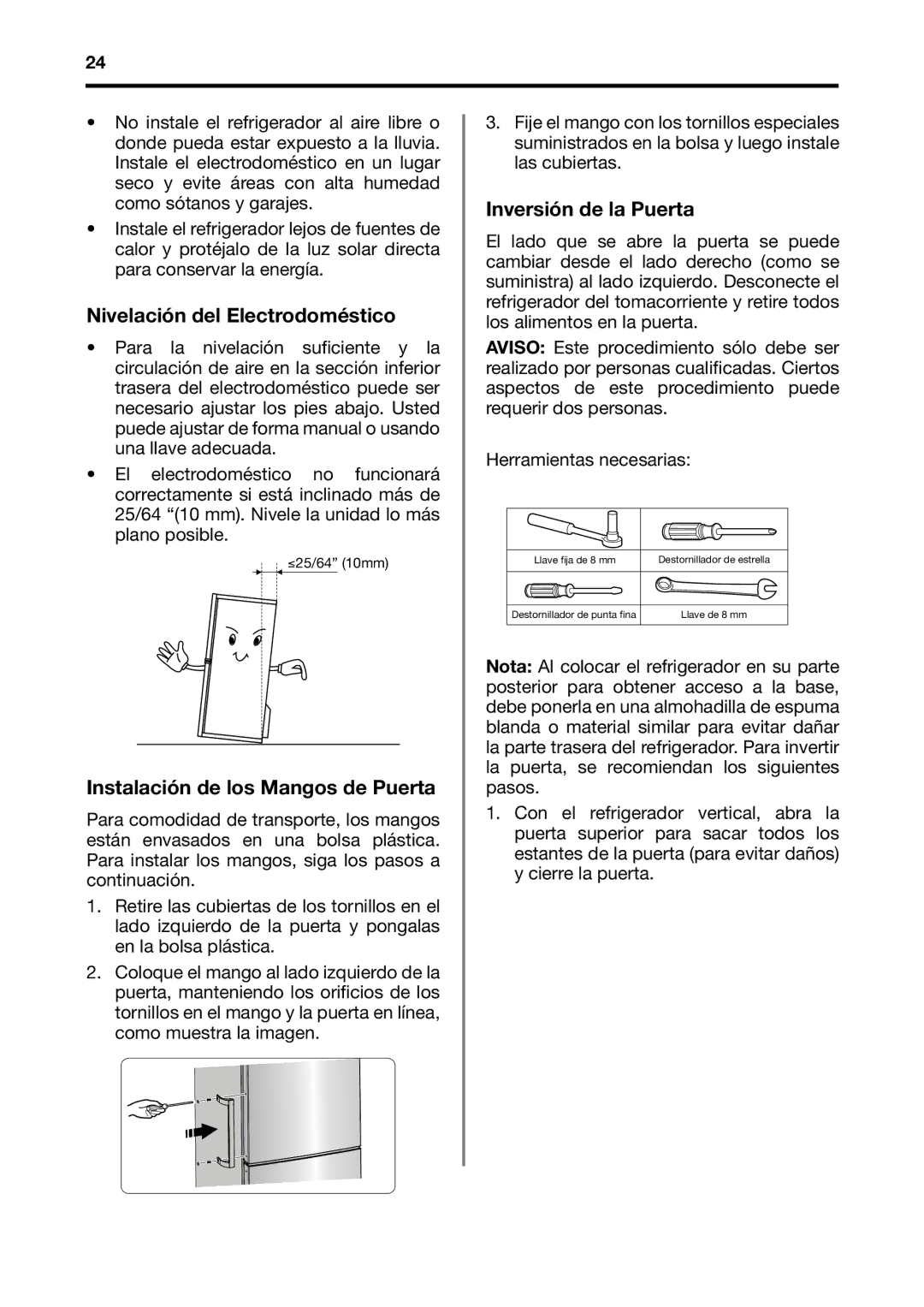 Fagor America BMF-200X manual Nivelación del Electrodoméstico, Instalación de los Mangos de Puerta, Inversión de la Puerta 