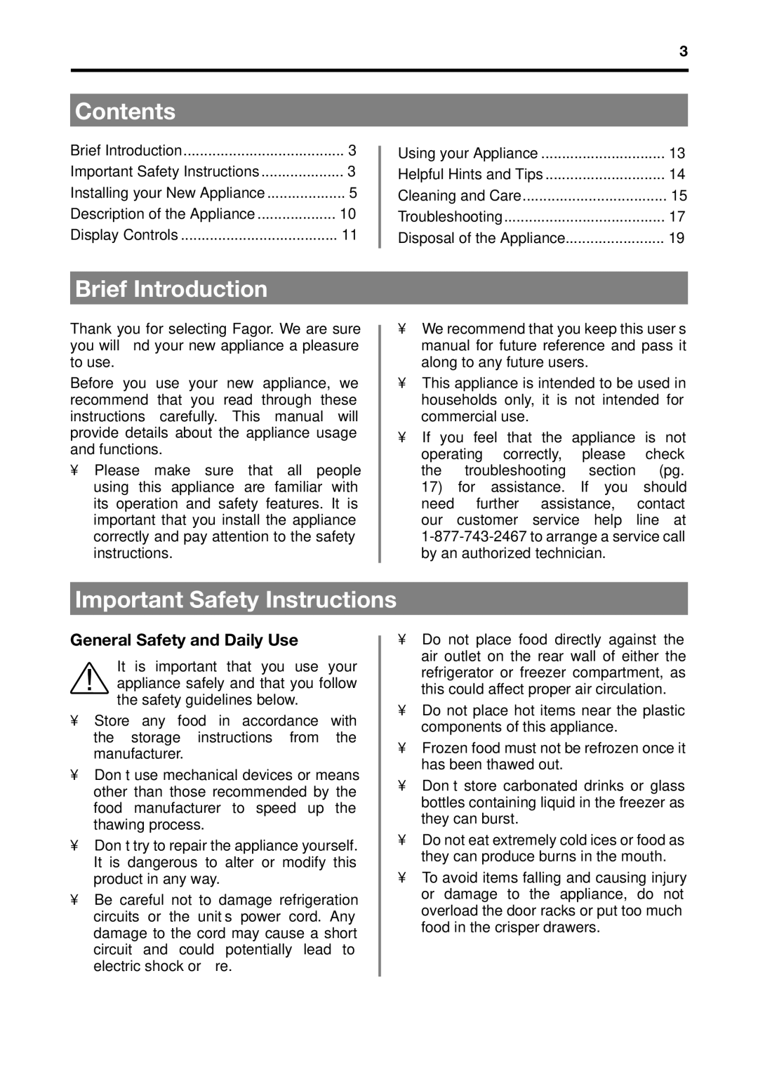 Fagor America BMF-200X manual Contents, Brief Introduction, Important Safety Instructions 