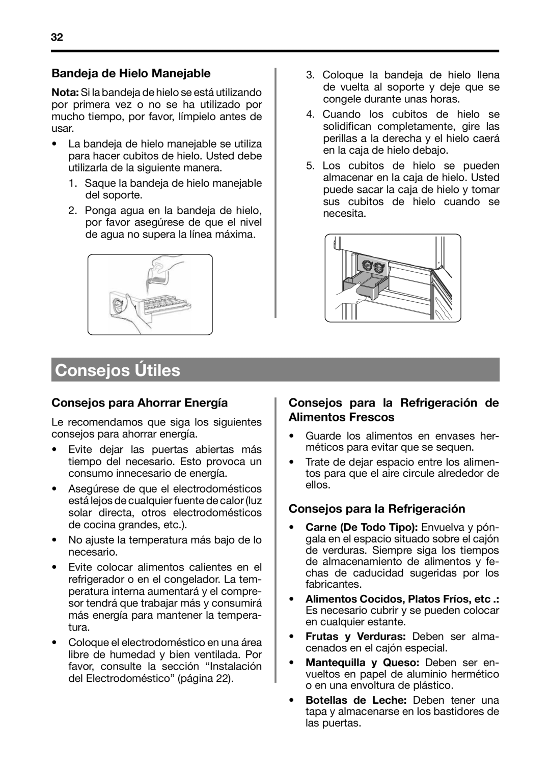 Fagor America BMF-200X manual Consejos Útiles, Bandeja de Hielo Manejable, Consejos para Ahorrar Energía 