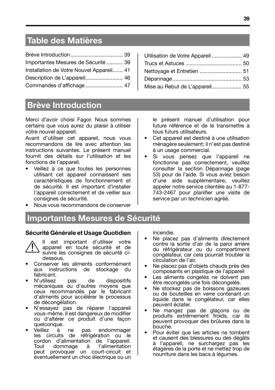 Fagor America BMF-200X manual Table des Matières, Brève Introduction, Importantes Mesures de Sécurité 