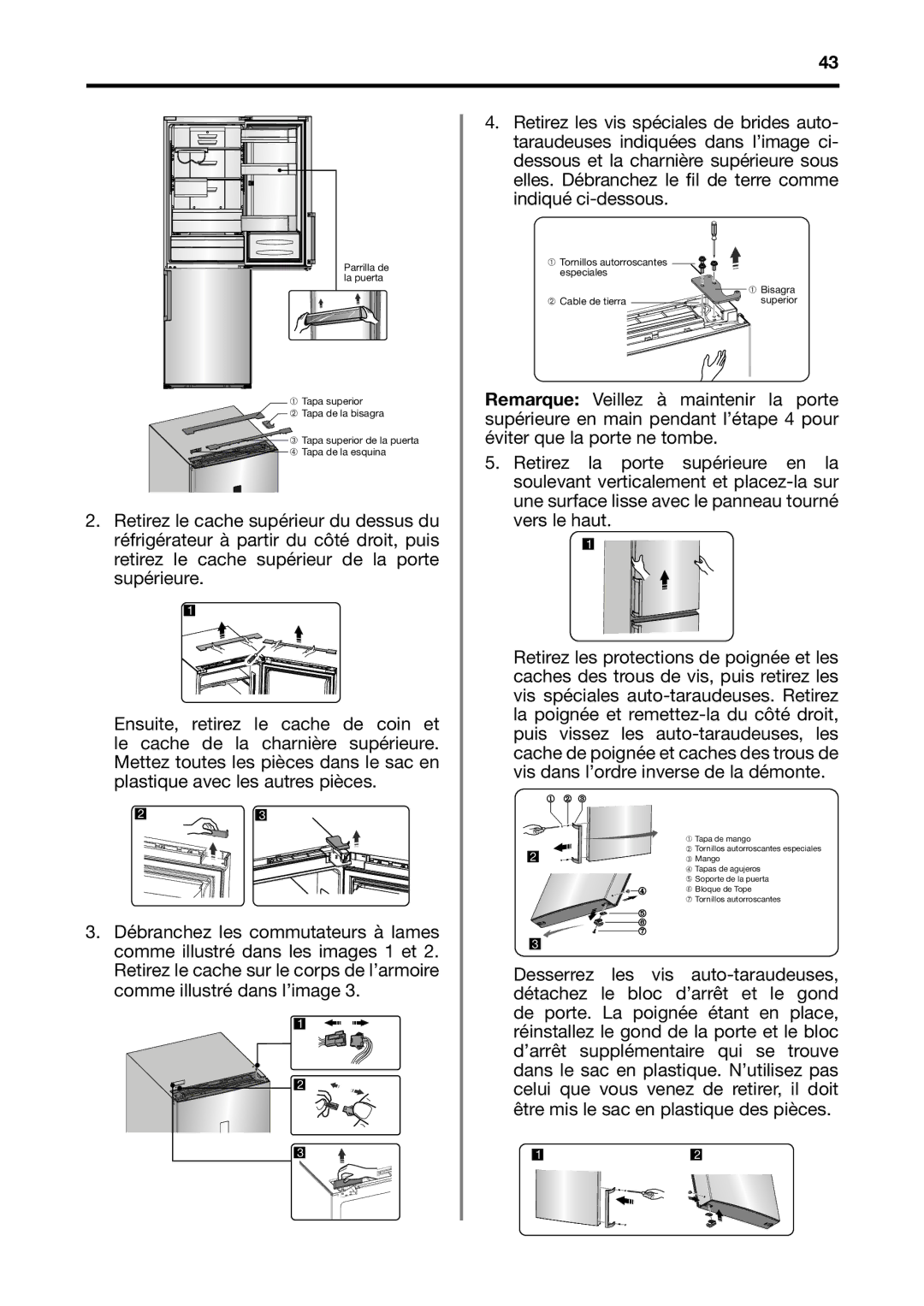 Fagor America BMF-200X manual Parrilla de la puerta ➀ Tapa superior ➁ Tapa de la bisagra 