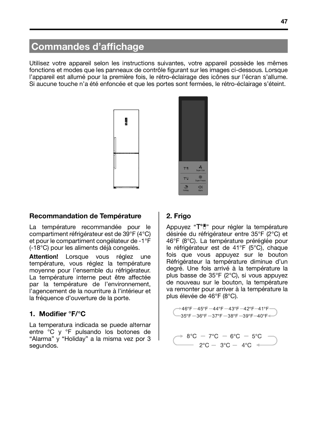 Fagor America BMF-200X manual Commandes d’afﬁchage, Recommandation de Température, Modiﬁer F/C, Frigo 