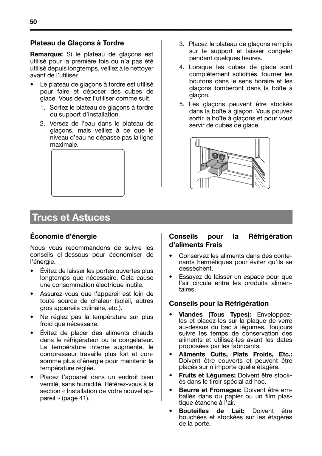 Fagor America BMF-200X Trucs et Astuces, Plateau de Glaçons à Tordre, Économie d’énergie, Conseils pour la Réfrigération 