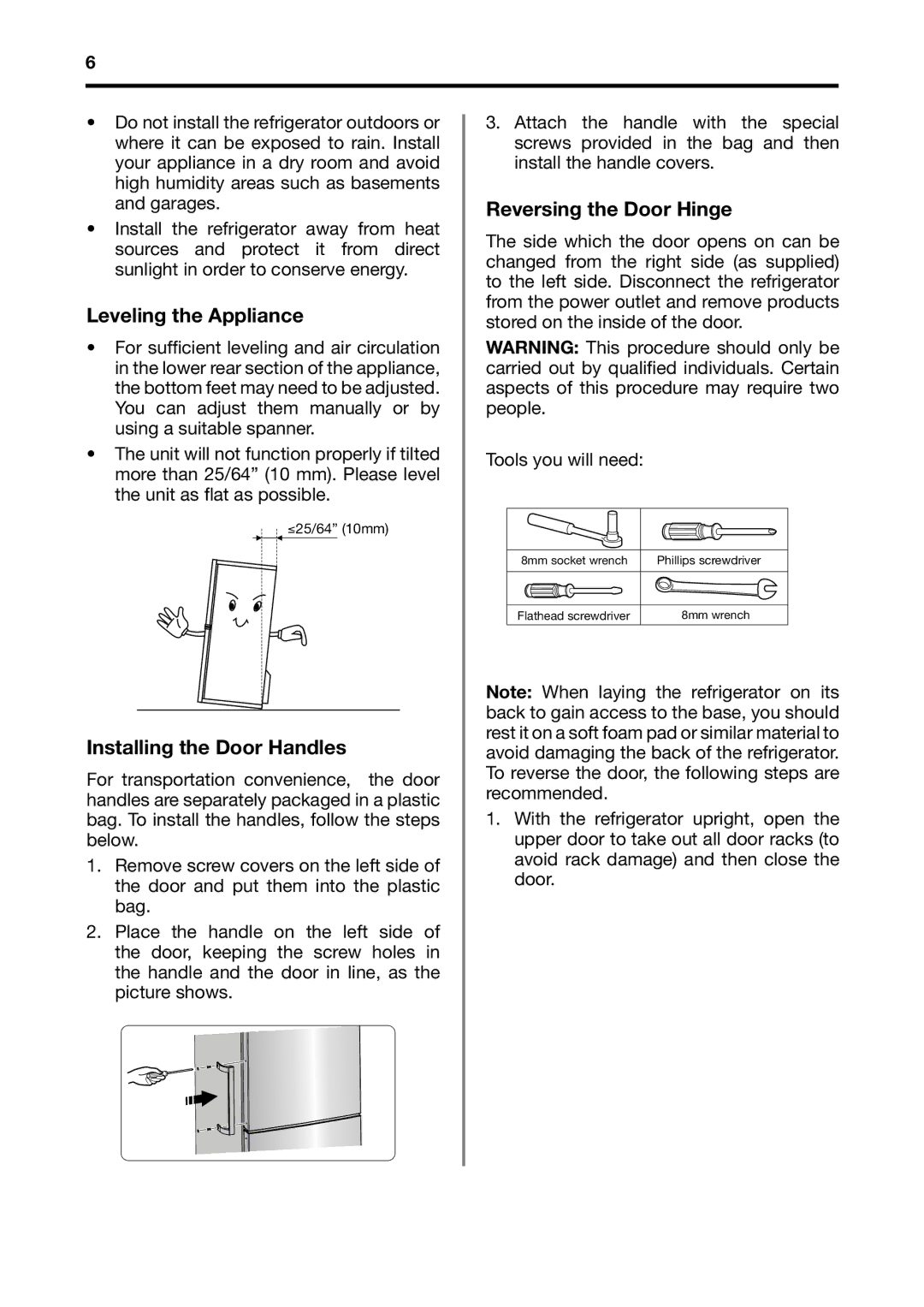 Fagor America BMF-200X manual Leveling the Appliance, Installing the Door Handles, Reversing the Door Hinge 