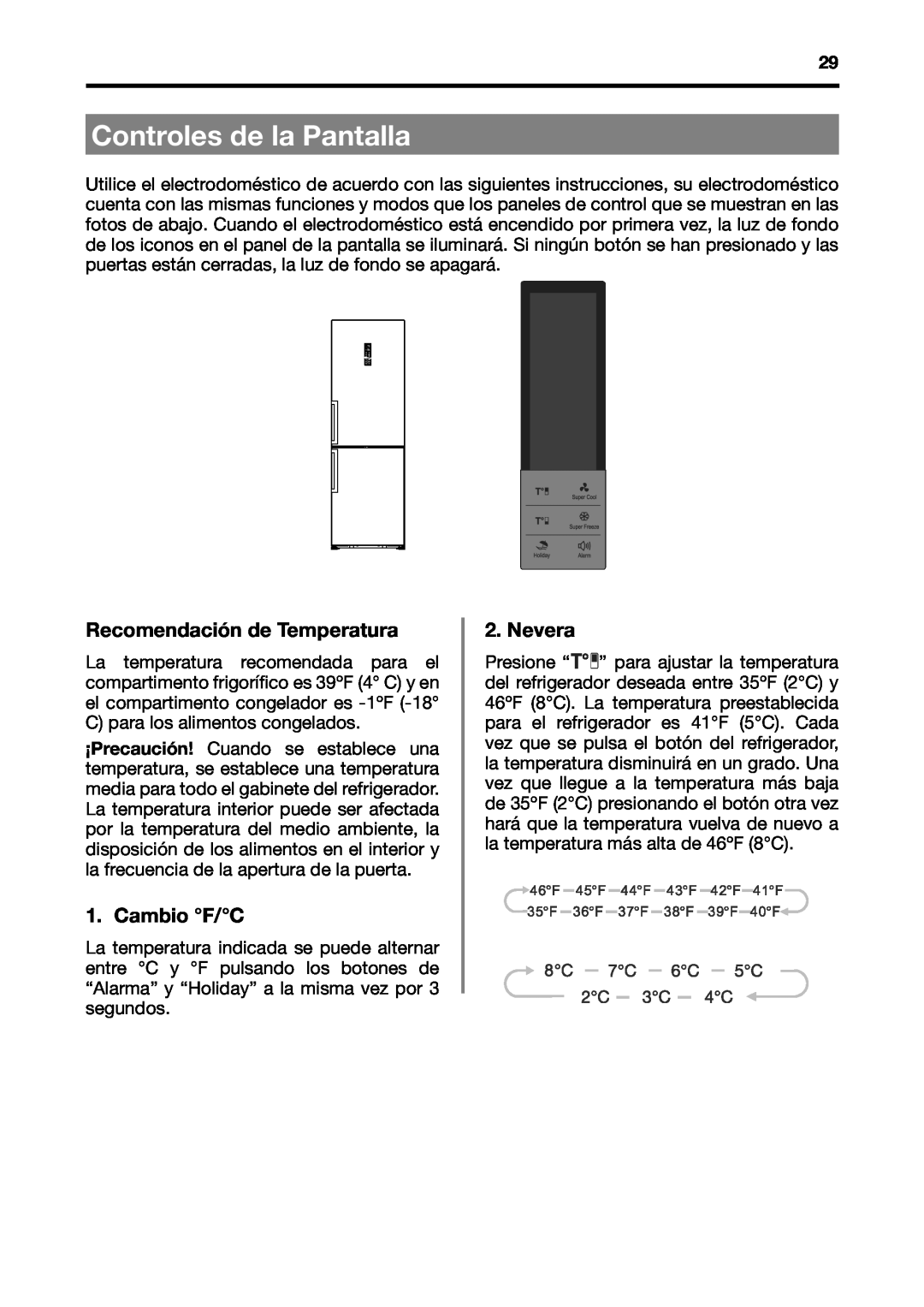 Fagor America BMF-200X manual Controles de la Pantalla, Recomendación de Temperatura, Cambio F/C, Nevera 