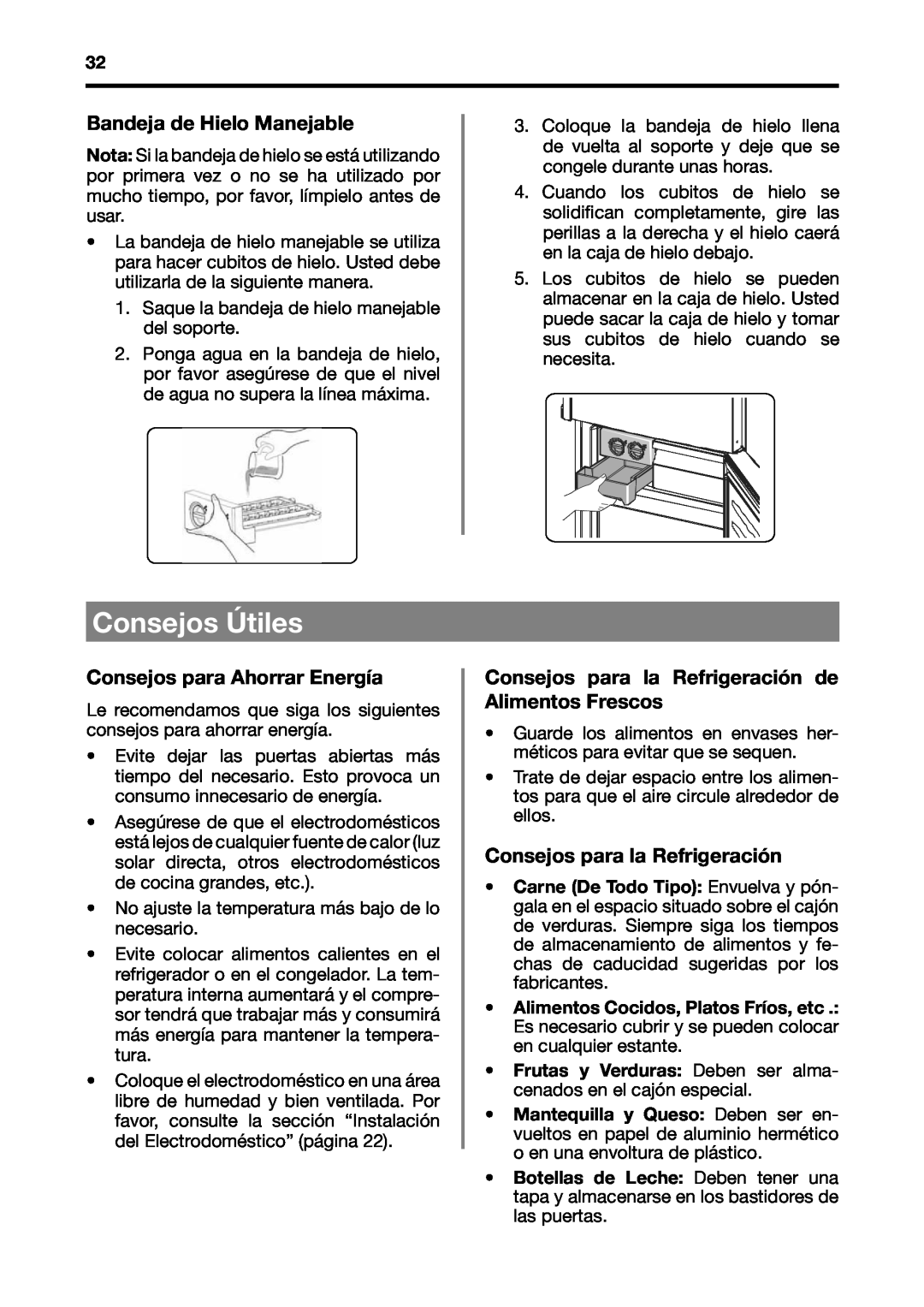 Fagor America BMF-200X manual Consejos Útiles, Bandeja de Hielo Manejable, Consejos para Ahorrar Energía 