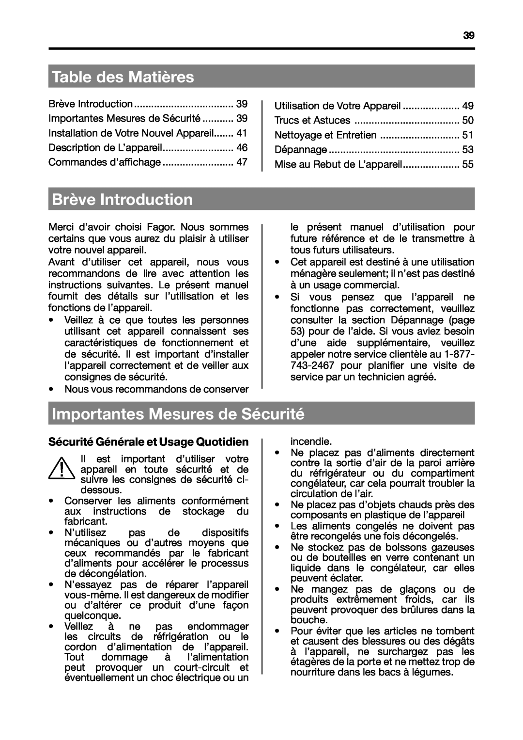 Fagor America BMF-200X manual Table des Matières, Brève Introduction, Importantes Mesures de Sécurité 