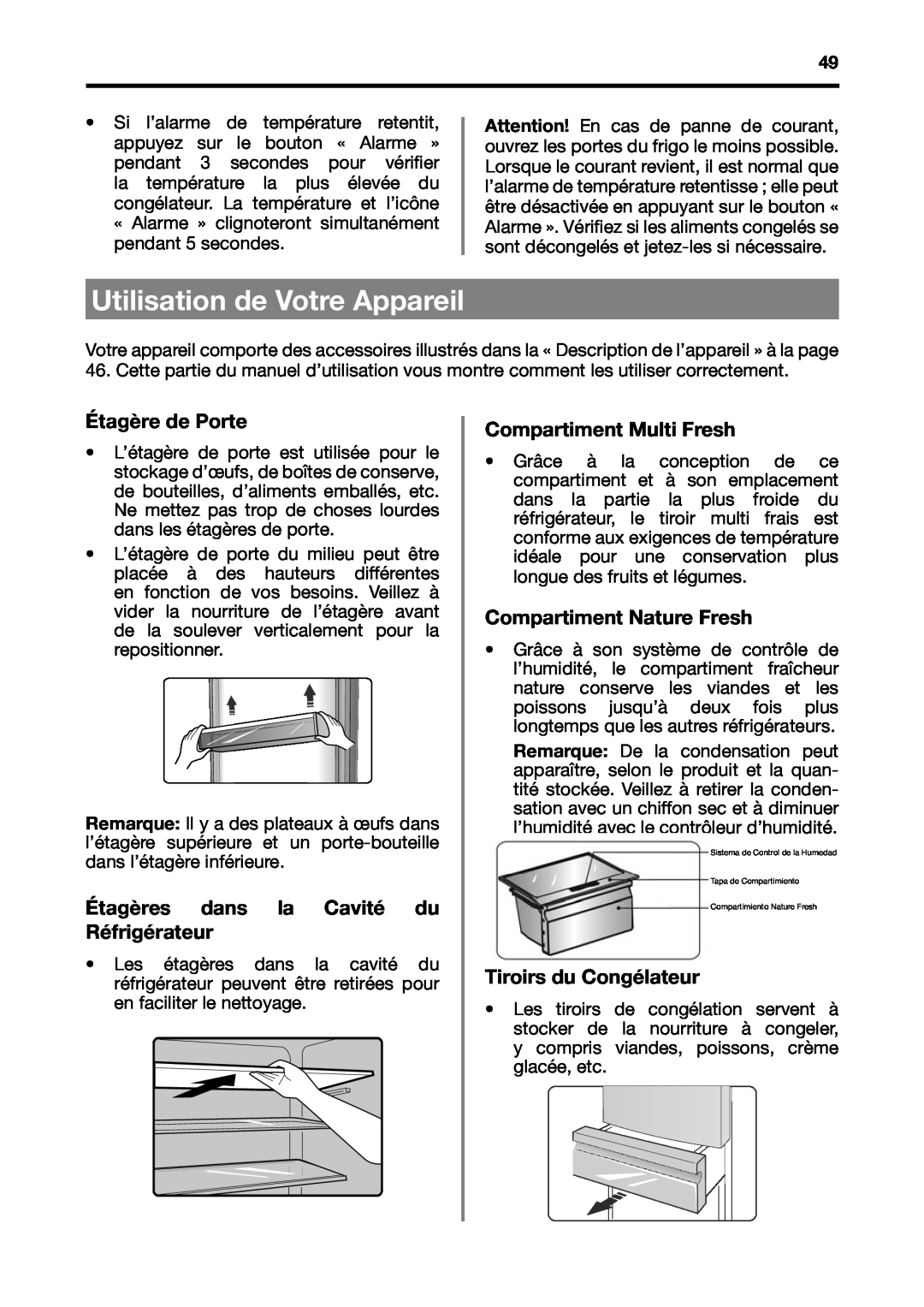 Fagor America BMF-200X manual Utilisation de Votre Appareil, Étagère de Porte, Étagères dans la Cavité du Réfrigérateur 