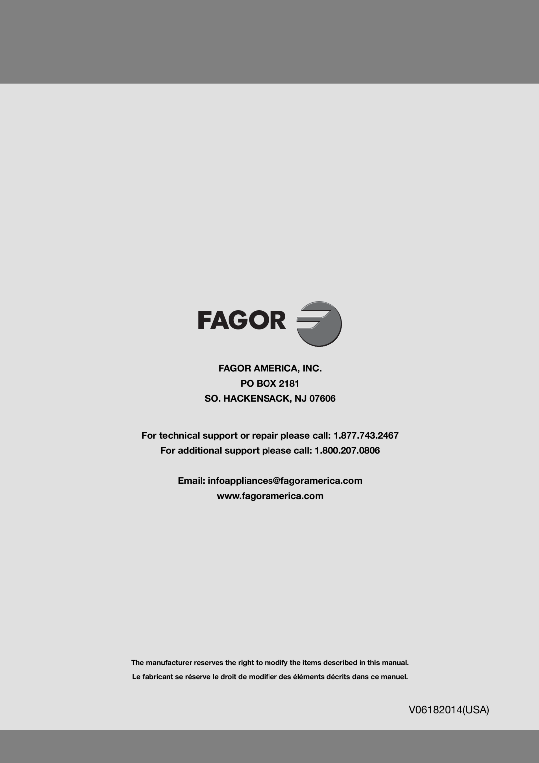 Fagor America BMF-200X manual Fagor America, Inc Po Box So. Hackensack, Nj, For technical support or repair please call 