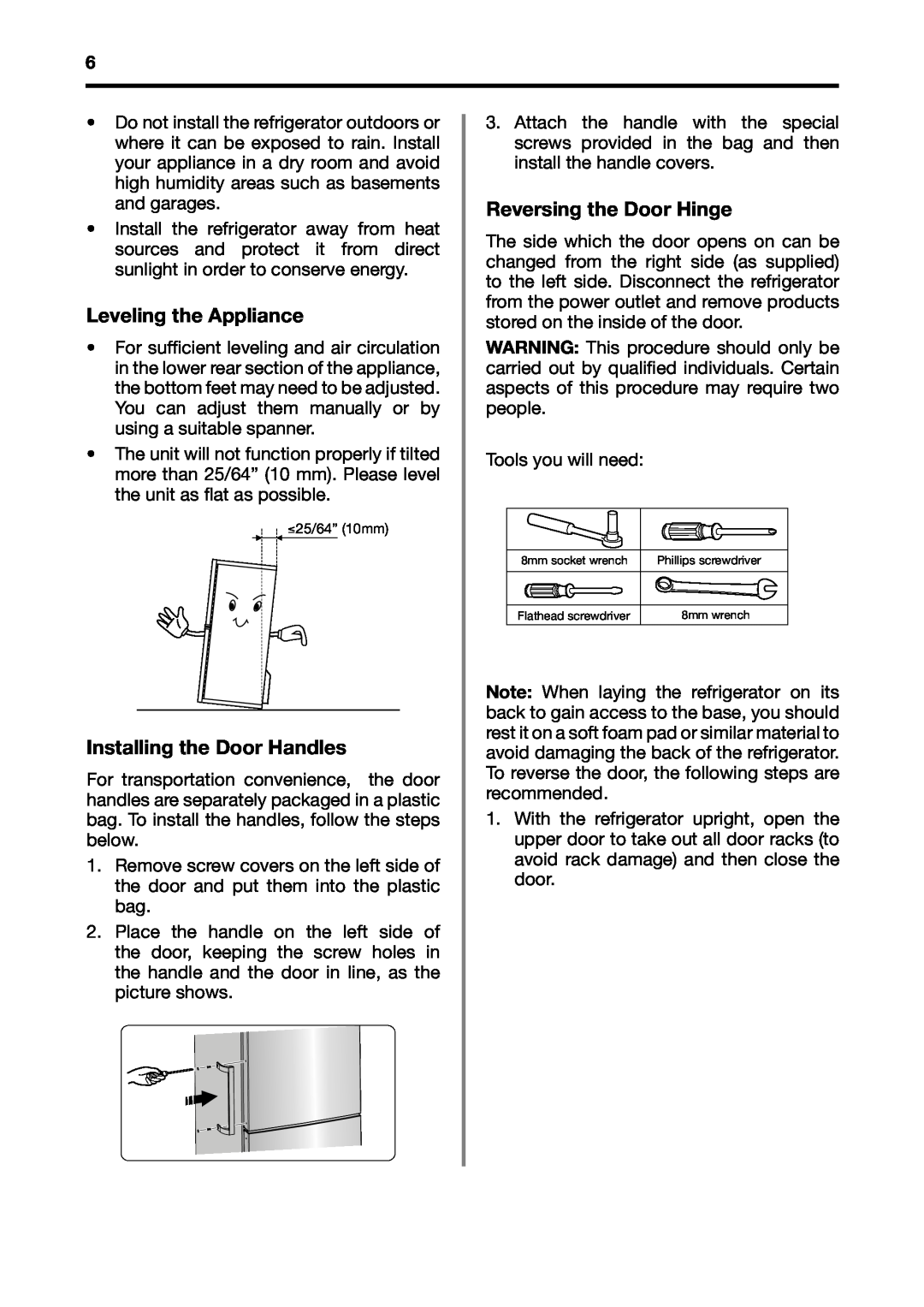 Fagor America BMF-200X manual Leveling the Appliance, Installing the Door Handles, Reversing the Door Hinge 
