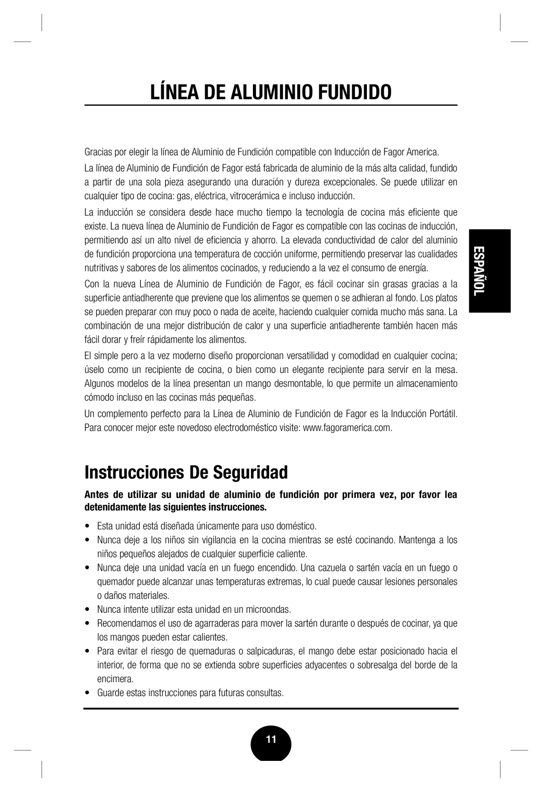 Fagor America Cast Aluminum Cookware user manual Línea DE Aluminio Fundido, Instrucciones De Seguridad 