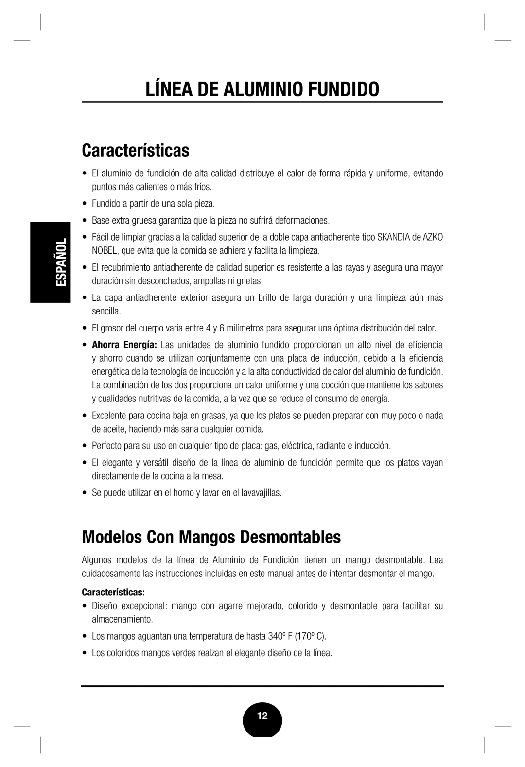 Fagor America Cast Aluminum Cookware user manual Características, Modelos Con Mangos Desmontables 