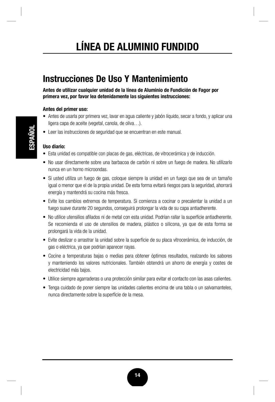 Fagor America Cast Aluminum Cookware user manual Instrucciones De Uso Y Mantenimiento 