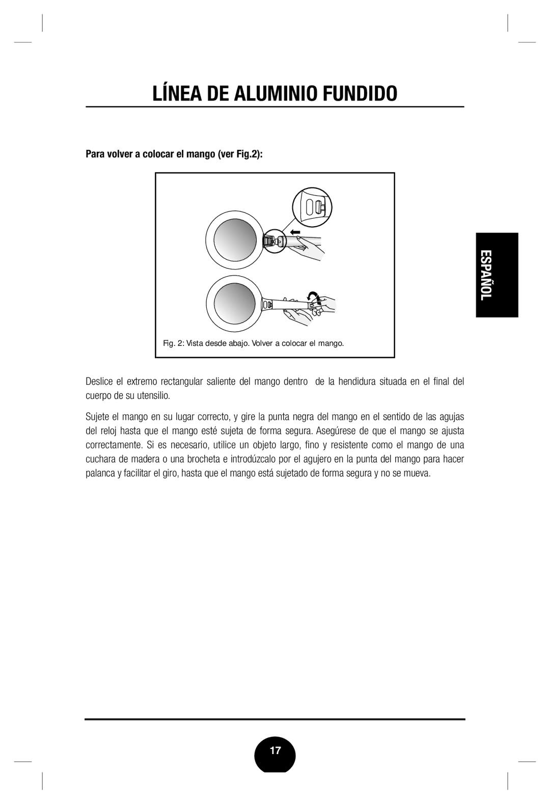 Fagor America Cast Aluminum Cookware user manual Para volver a colocar el mango ver 