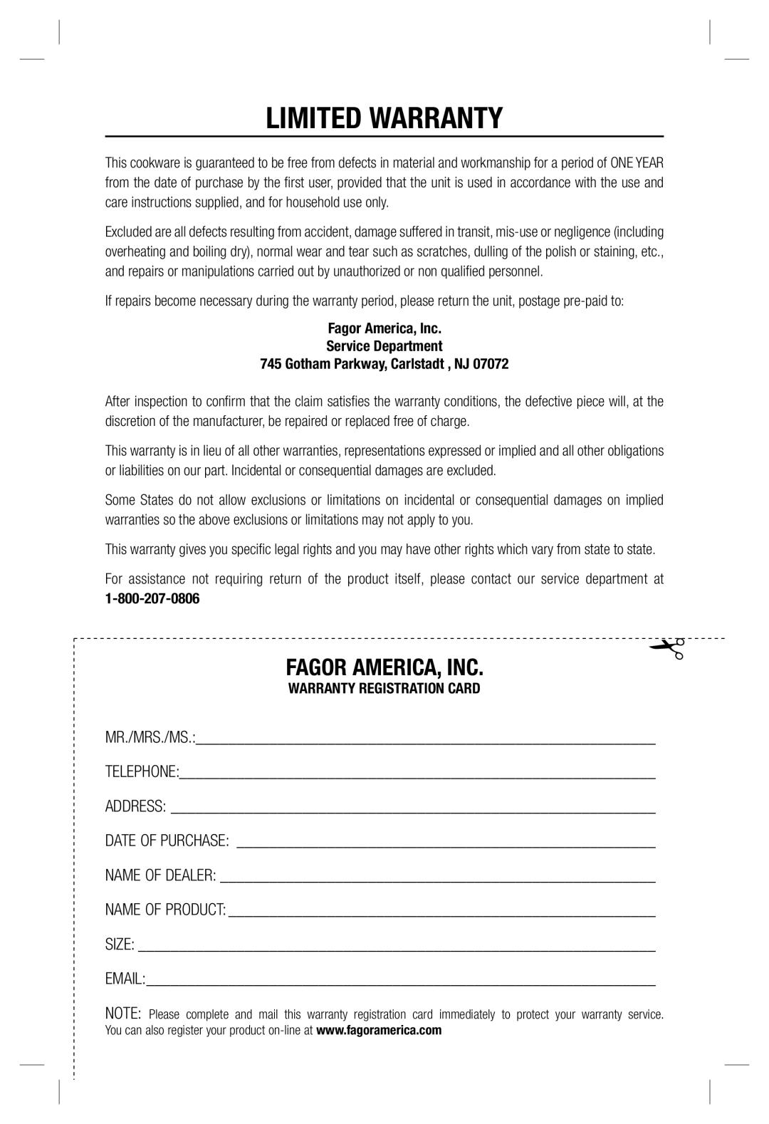 Fagor America Cast Aluminum Cookware user manual Limited Warranty, Fagor AMERICA, INC 