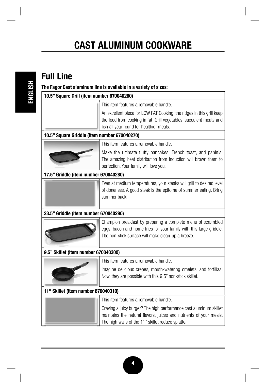 Fagor America Cast Aluminum Cookware user manual Full Line, This item features a removable handle 