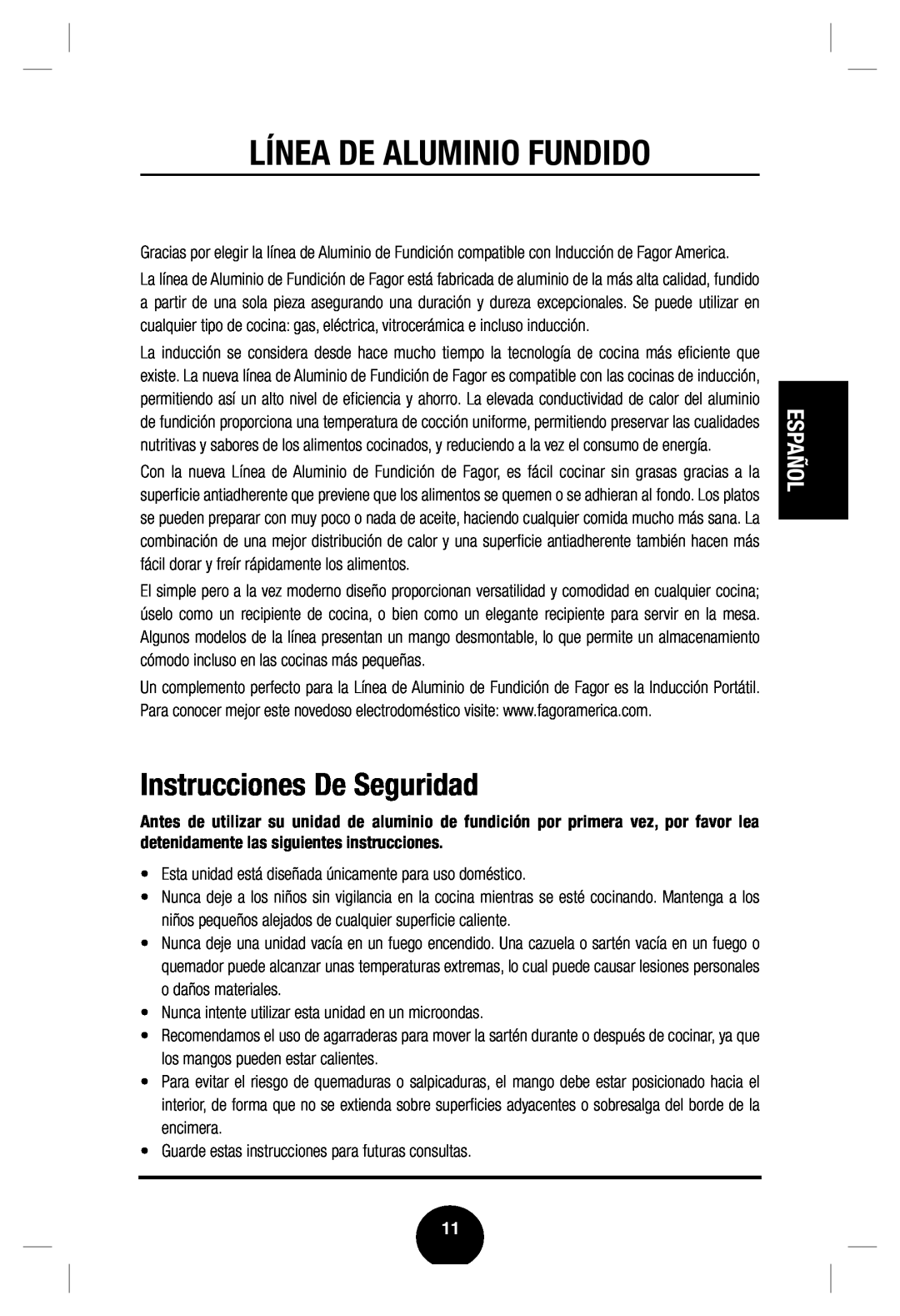 Fagor America Cast Aluminum Cookware user manual Línea De Aluminio Fundido, Instrucciones De Seguridad, Español 