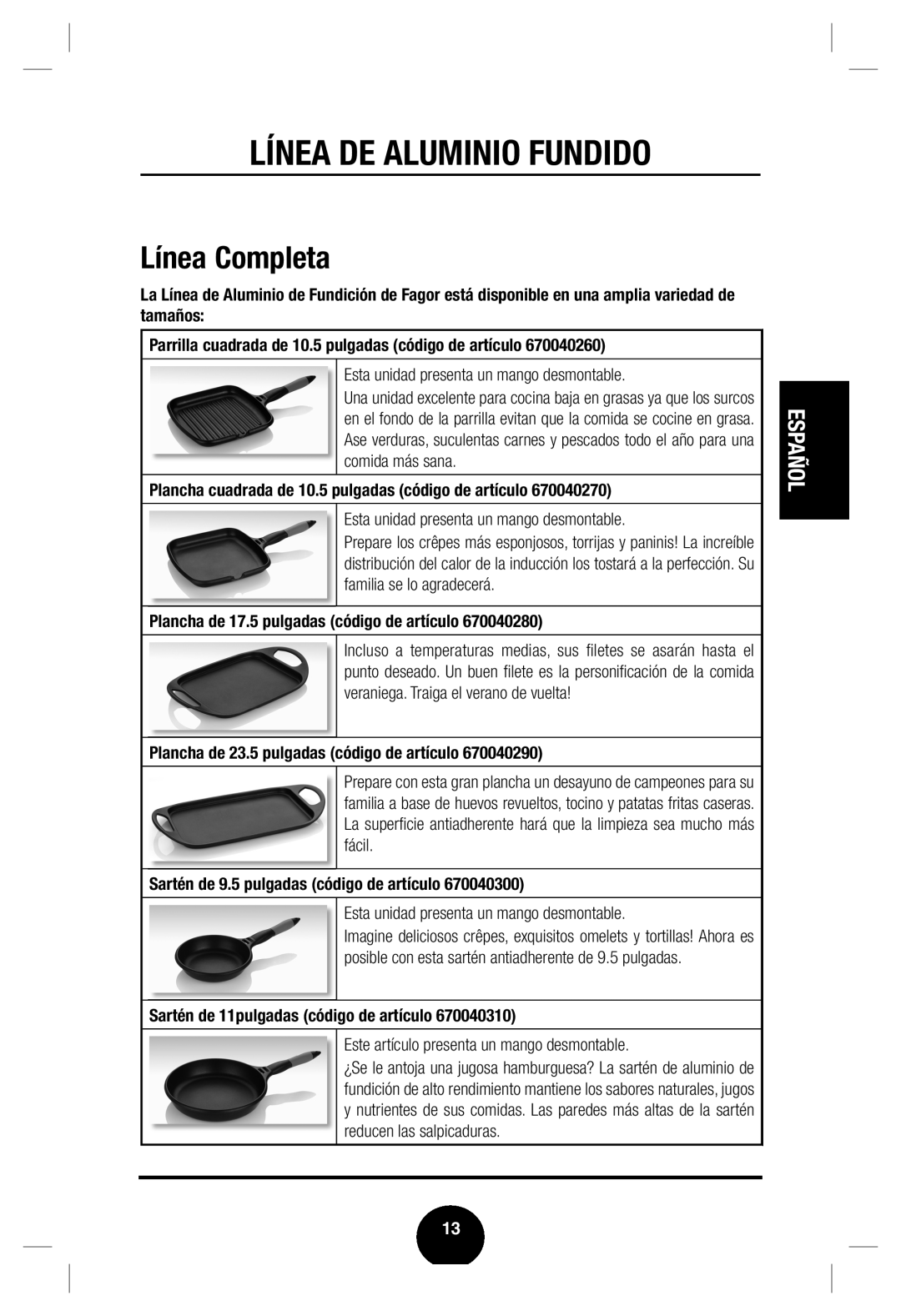 Fagor America Cast Aluminum Cookware user manual Línea Completa, Línea De Aluminio Fundido, Español 