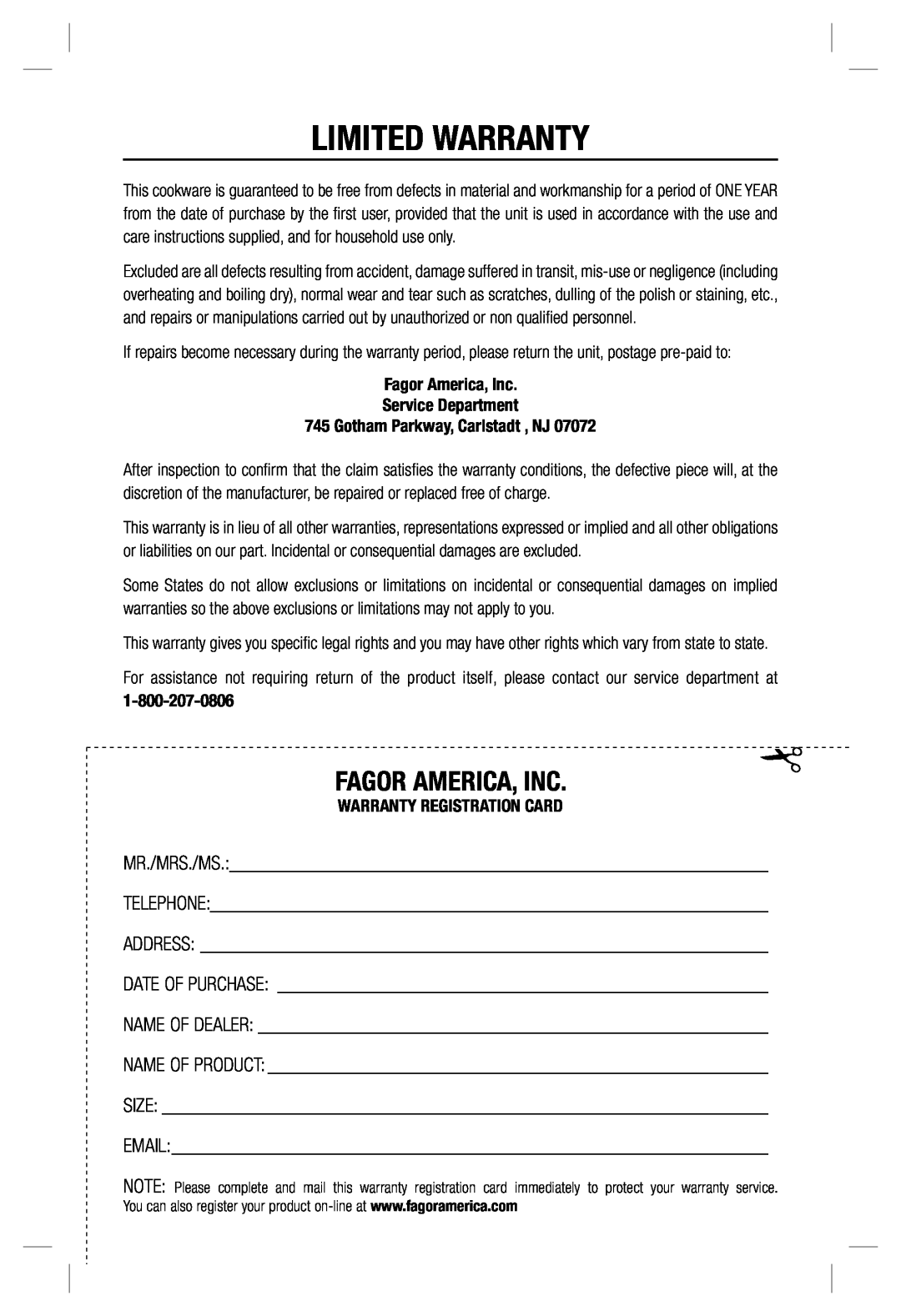 Fagor America Cast Aluminum Cookware user manual Limited Warranty, Fagor America, Inc 