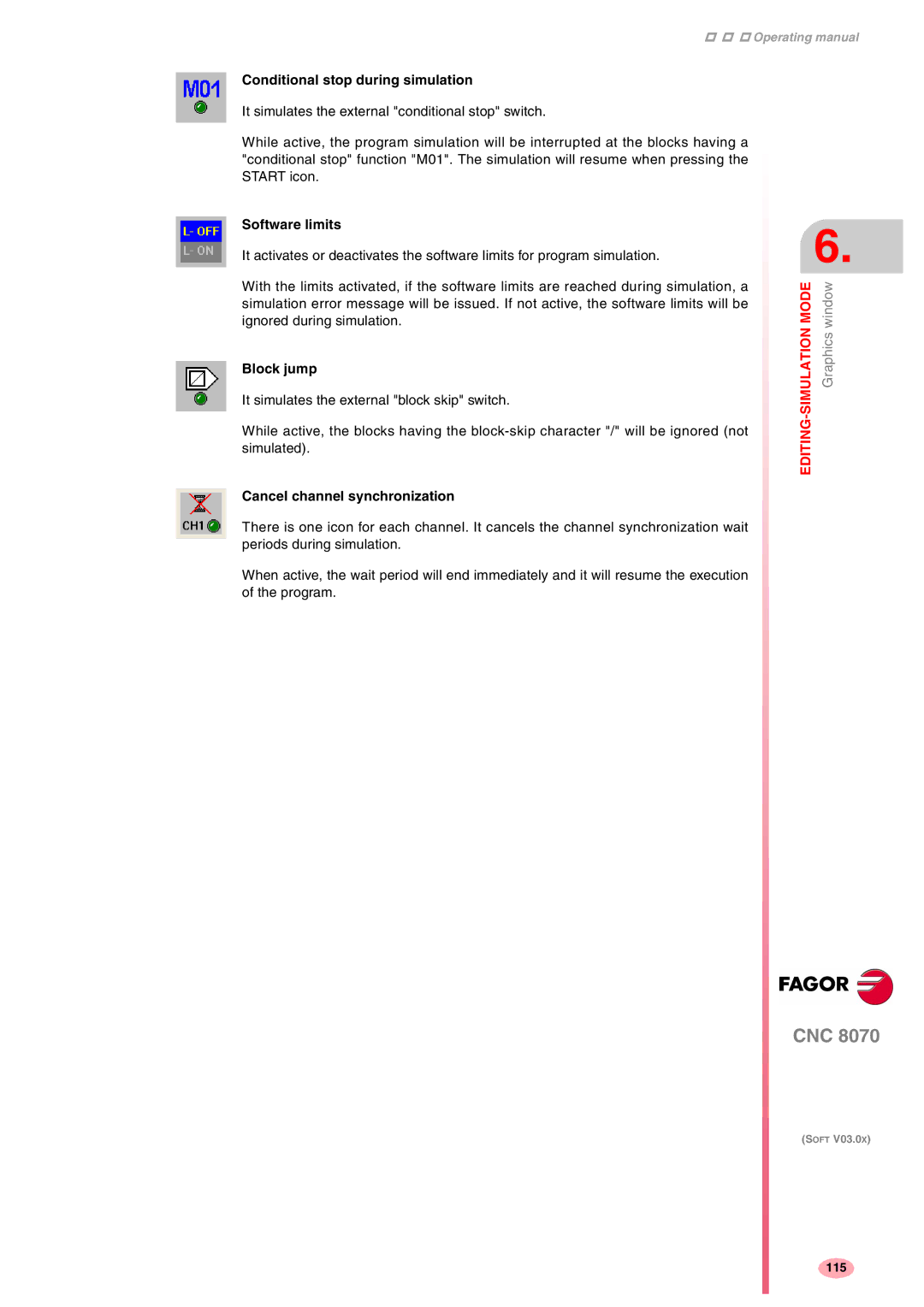 Fagor America CNC8070 Conditional stop during simulation, Software limits, Block jump, Cancel channel synchronization 