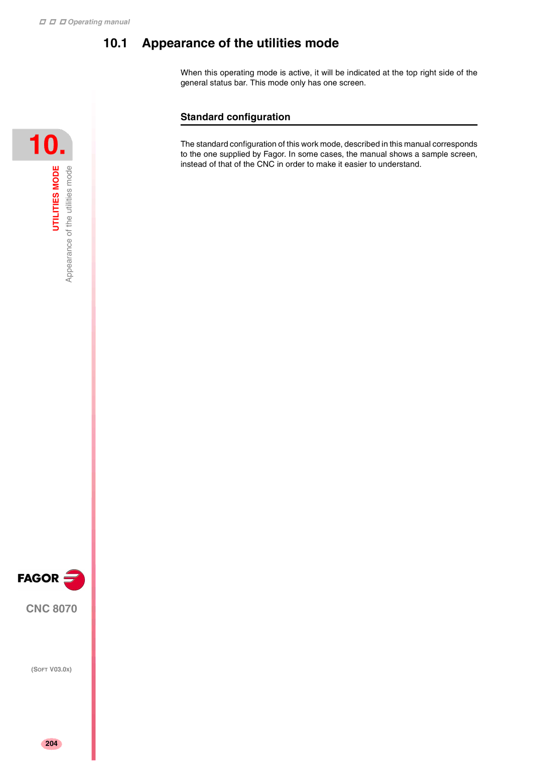 Fagor America CNC8070 manual Appearance of the utilities mode, Utilities Mode 