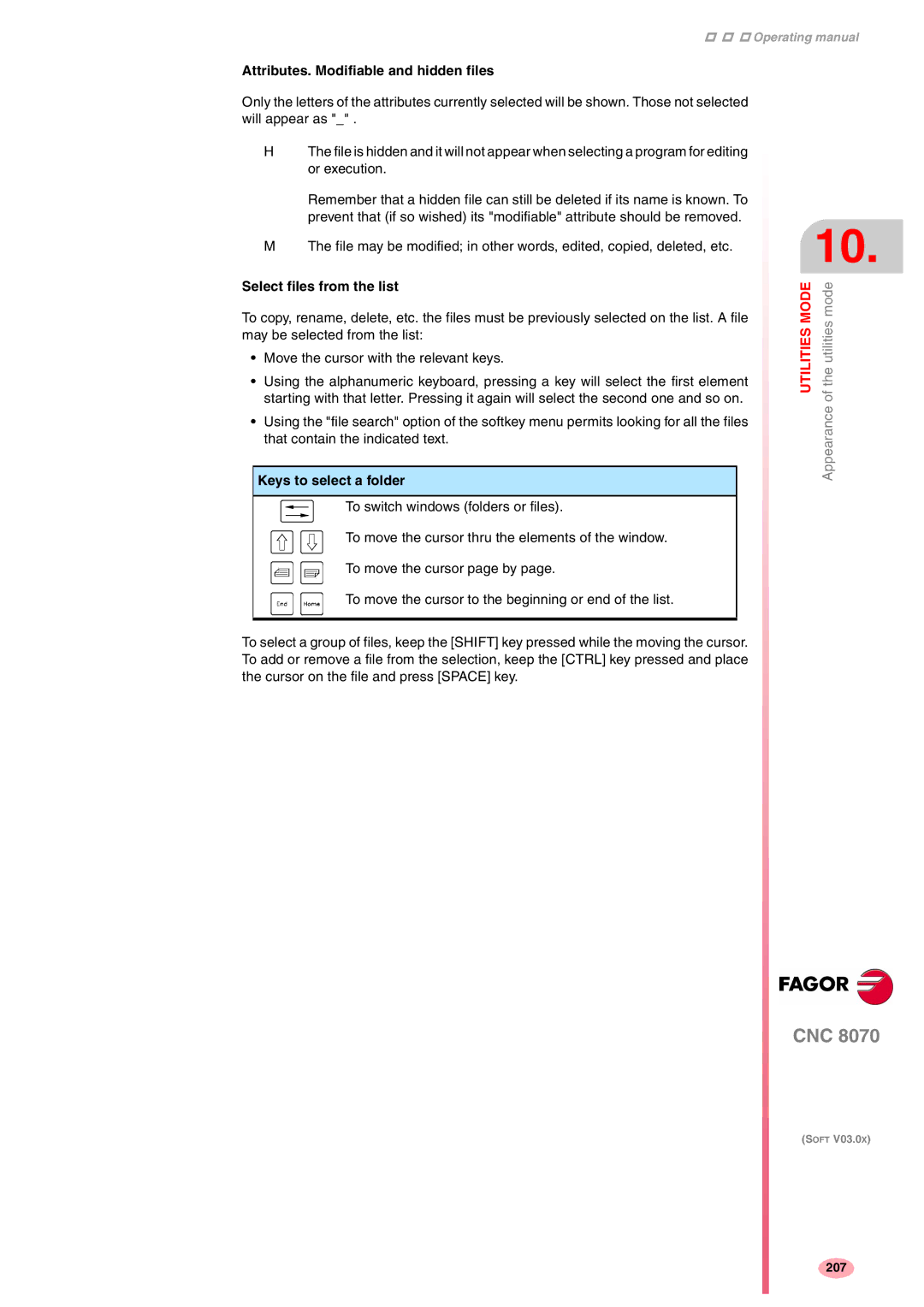 Fagor America CNC8070 manual Attributes. Modifiable and hidden files, Select files from the list 