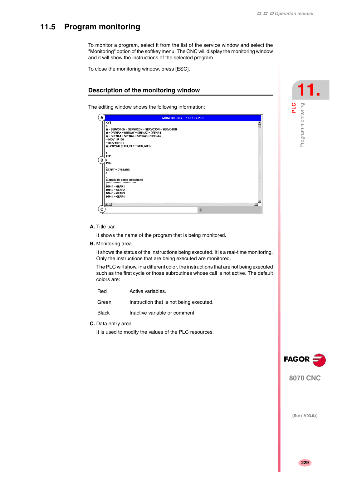 Fagor America CNC8070 manual Program monitoring, Description of the monitoring window 