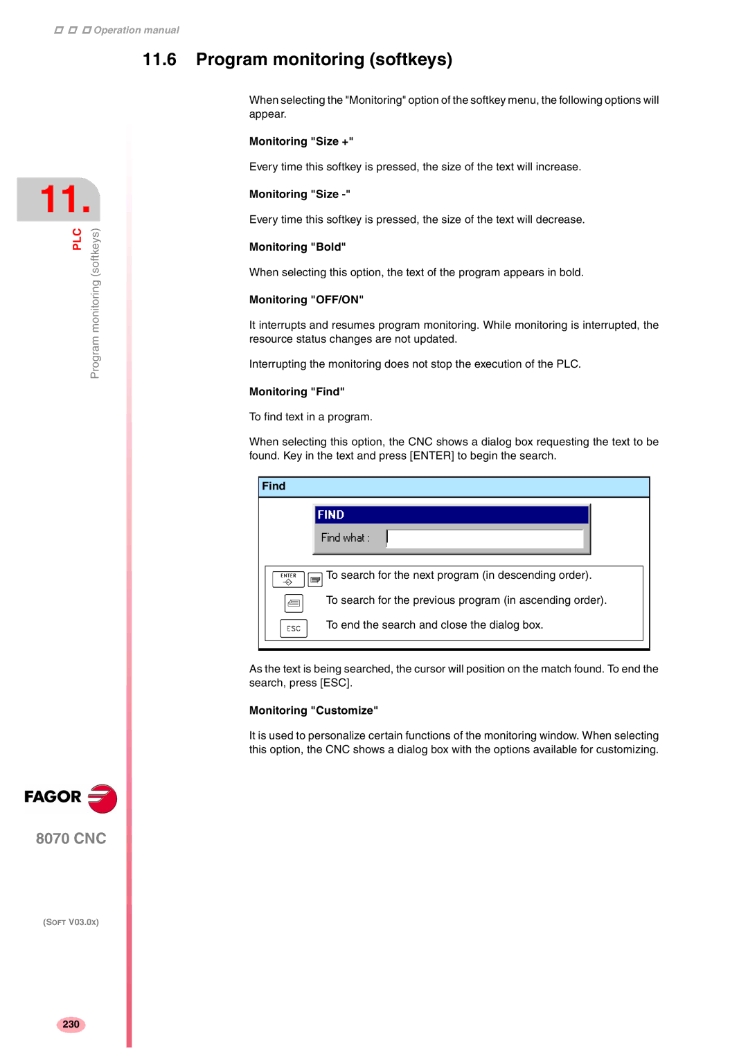 Fagor America CNC8070 manual Program monitoring softkeys 