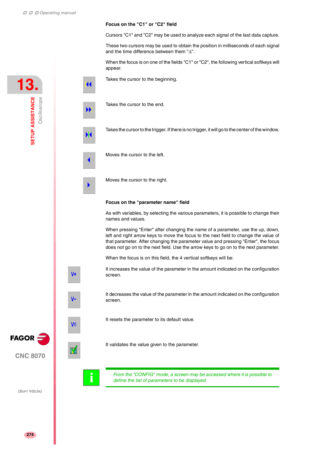 Fagor America CNC8070 manual Focus on the C1 or C2 field, Focus on the parameter name field 