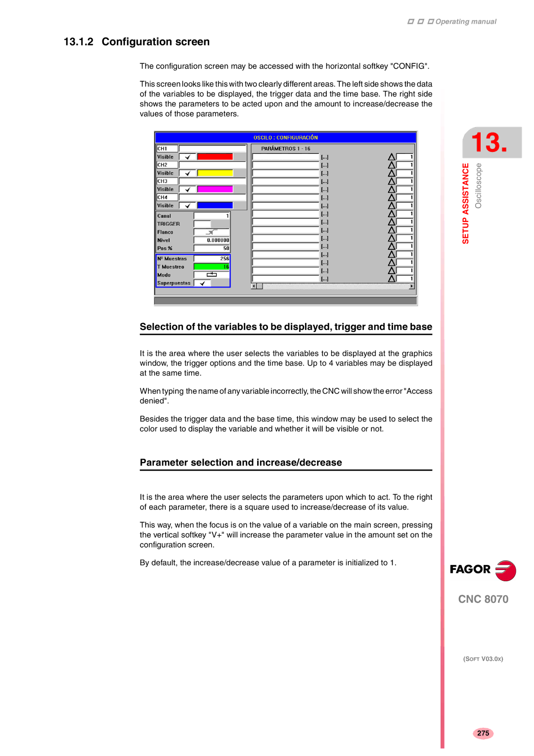 Fagor America CNC8070 manual Configuration screen, Parameter selection and increase/decrease 