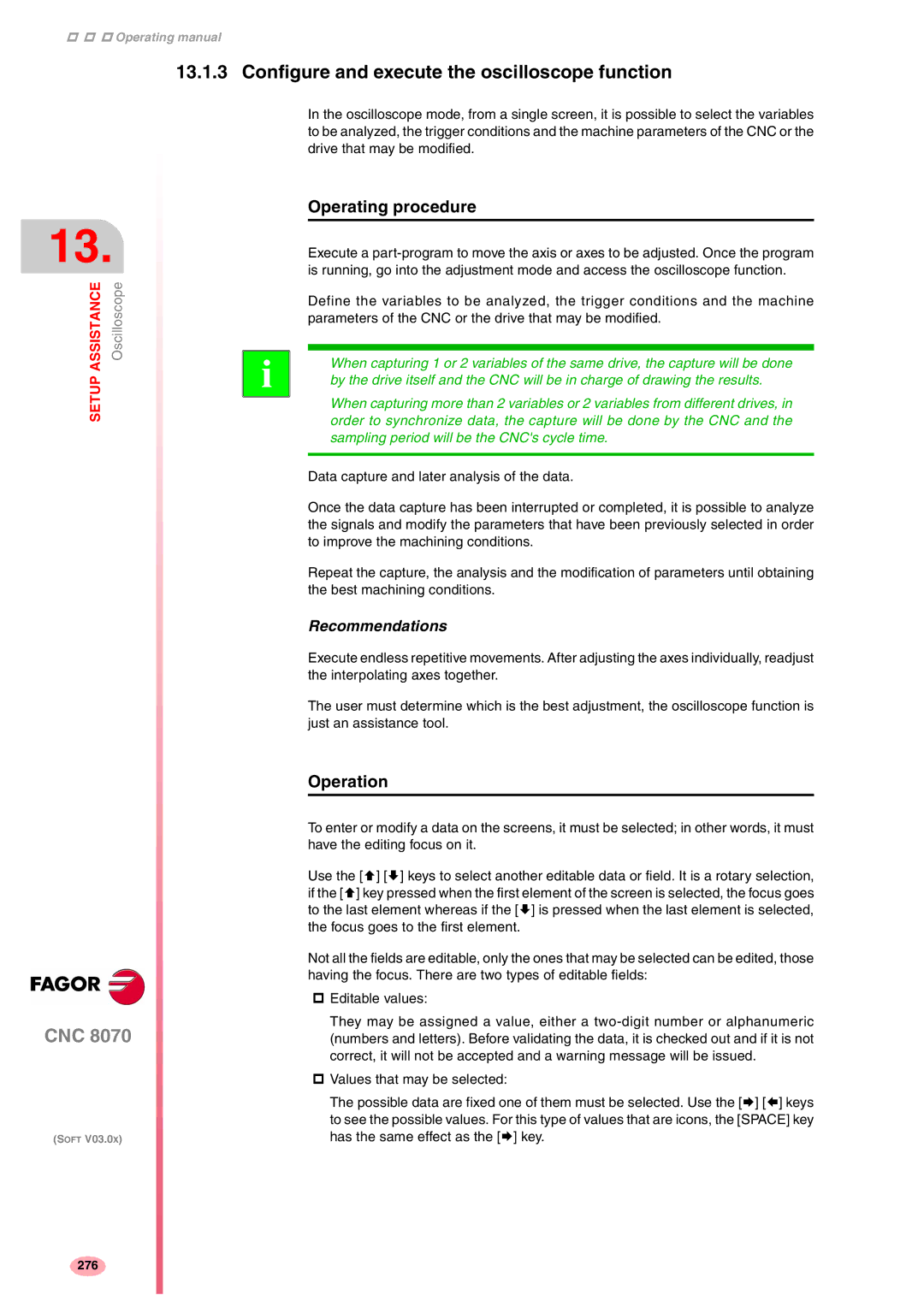 Fagor America CNC8070 Configure and execute the oscilloscope function, Operating procedure, Operation, Recommendations 