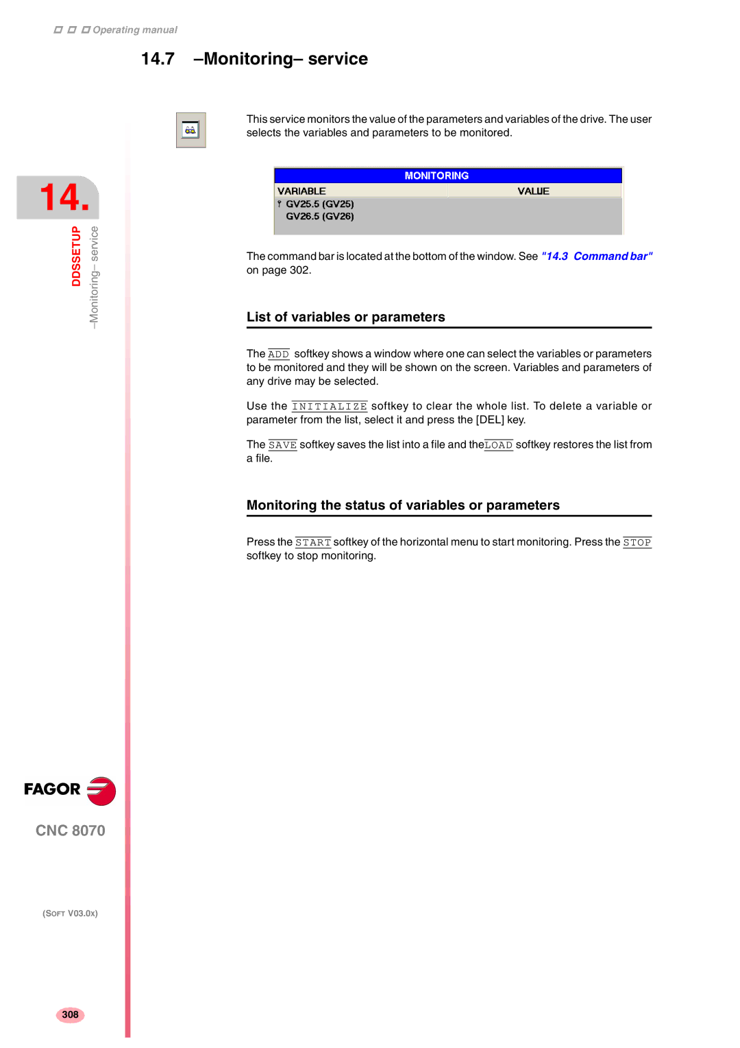 Fagor America CNC8070 manual Monitoring- service, List of variables or parameters 