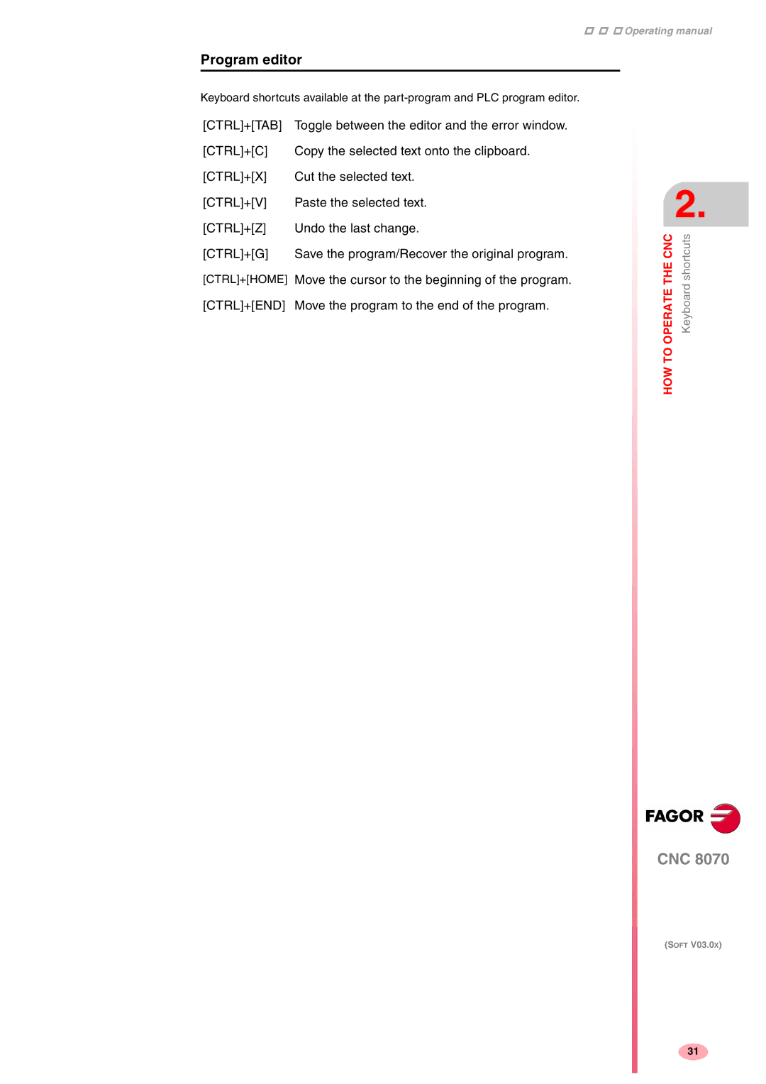 Fagor America CNC8070 manual Program editor, Ctrl+Tab 