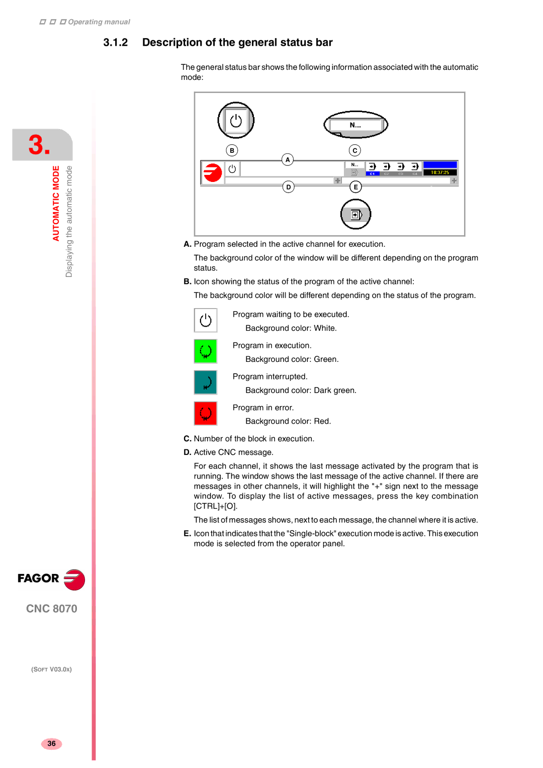 Fagor America CNC8070 manual Description of the general status bar 