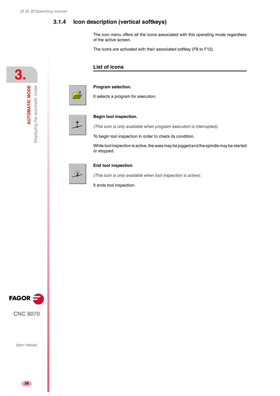 Fagor America CNC8070 manual Icon description vertical softkeys, List of icons, Program selection, Begin tool inspection 