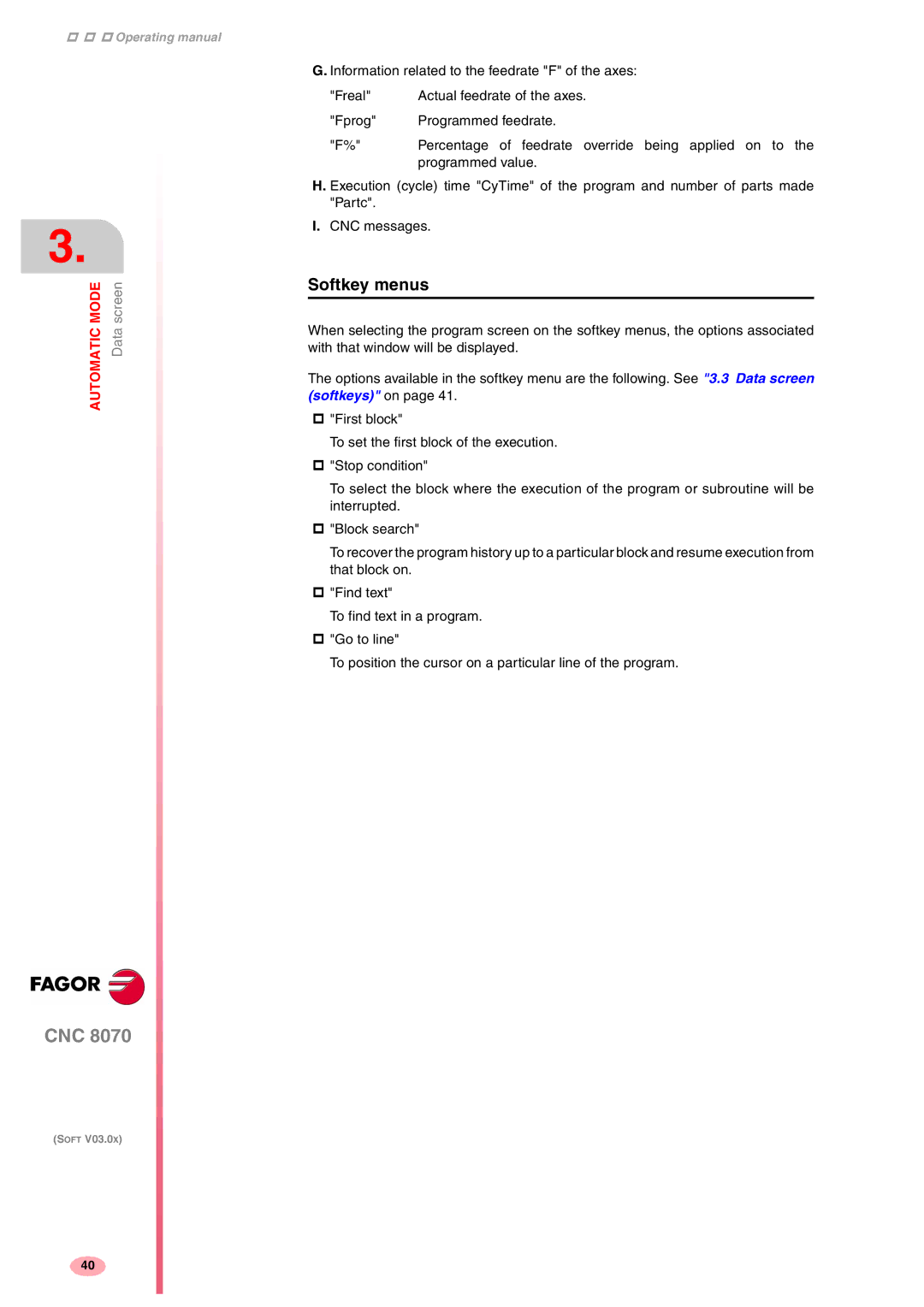 Fagor America CNC8070 manual Softkey menus 