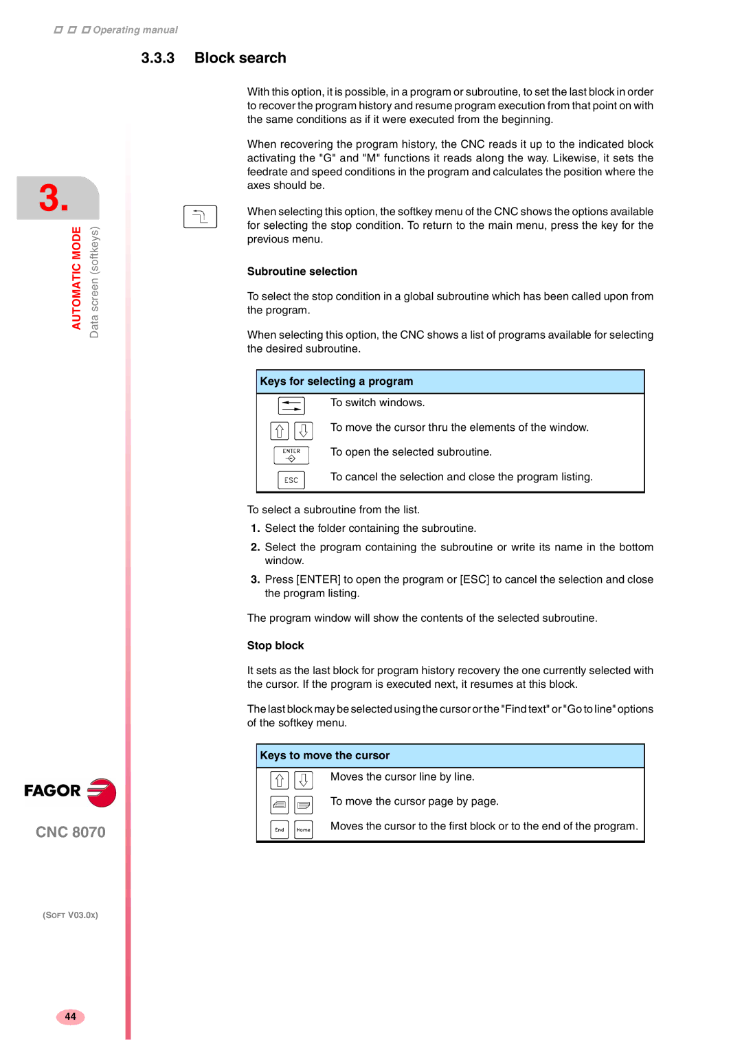 Fagor America CNC8070 manual Block search, Stop block 