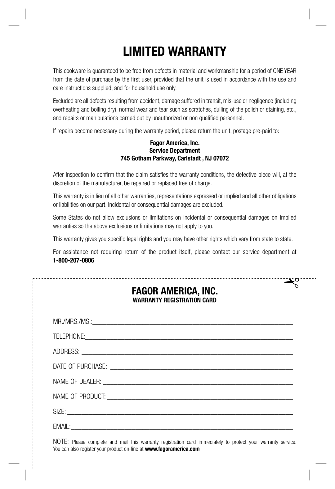 Fagor America Double Boiler manual Limited Warranty, Fagor AMERICA, INC 