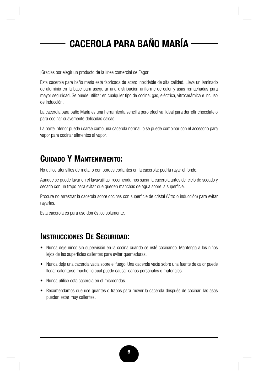 Fagor America Double Boiler manual Cacerola Para Baño María, Cuidado Y Mantenimiento 