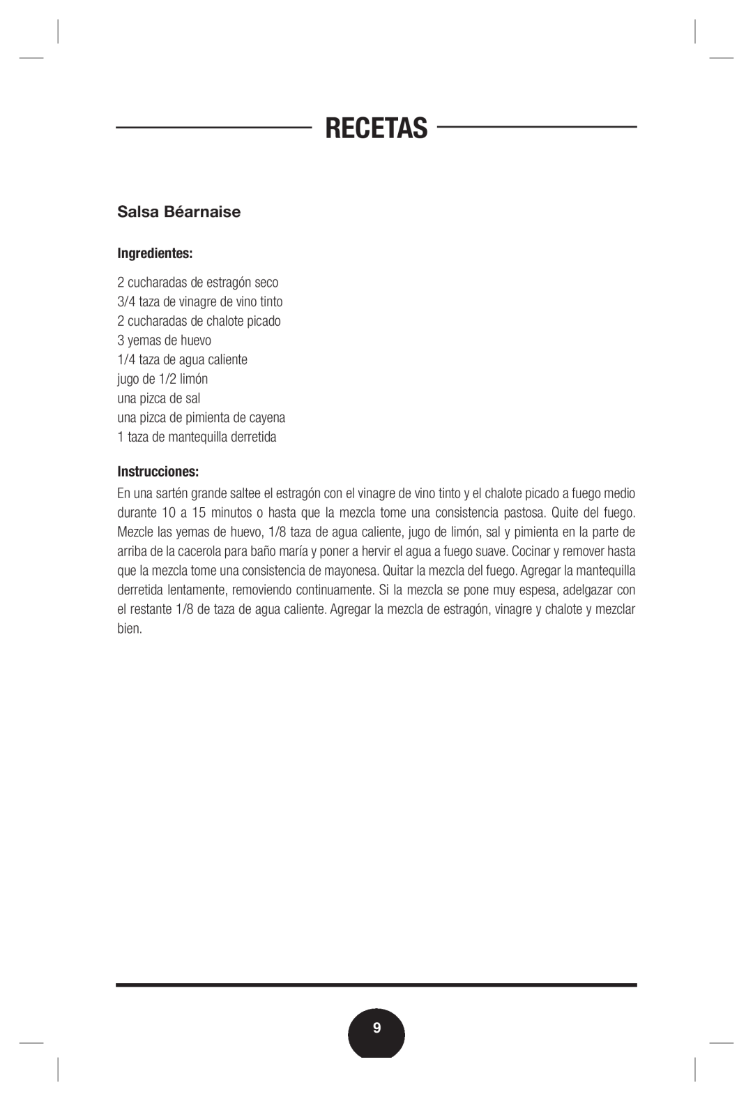 Fagor America Double Boiler manual Salsa Béarnaise, Recetas, Ingredientes, una pizca de sal, Instrucciones 