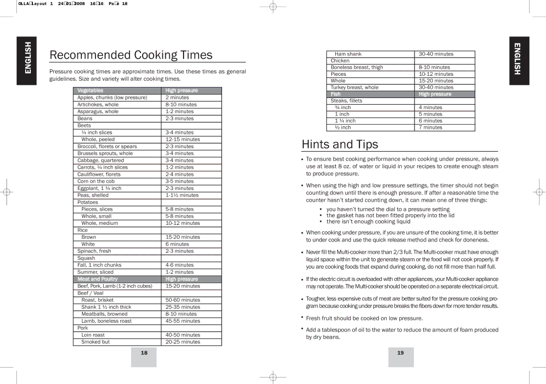 Fagor America Electric Multi-Cooker manual Recommended Cooking Times, Hints and Tips 