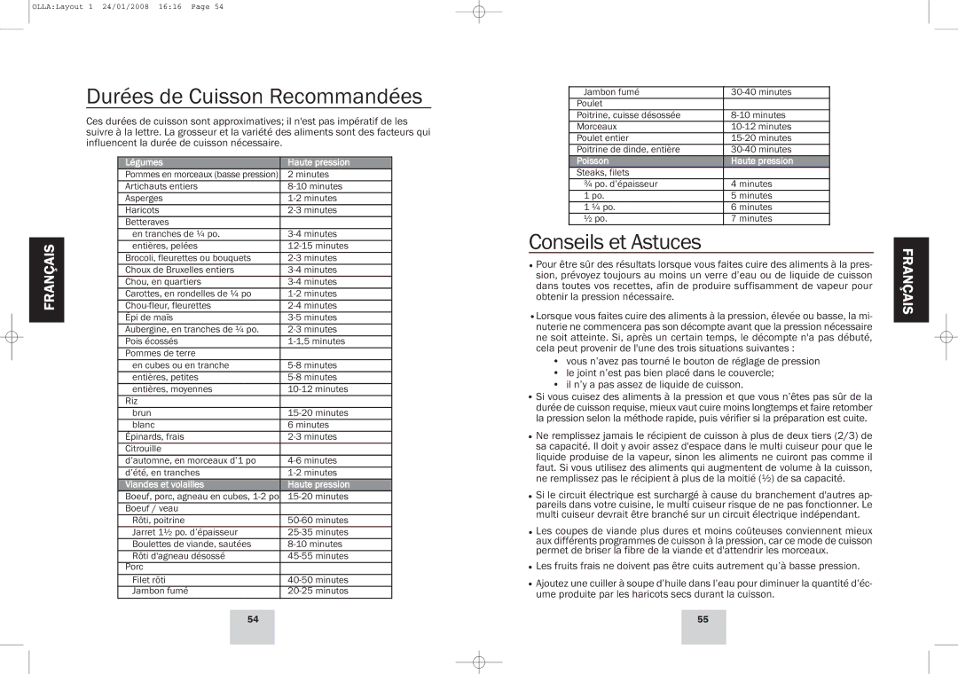 Fagor America Electric Multi-Cooker manual Durées de Cuisson Recommandées, Conseils et Astuces 