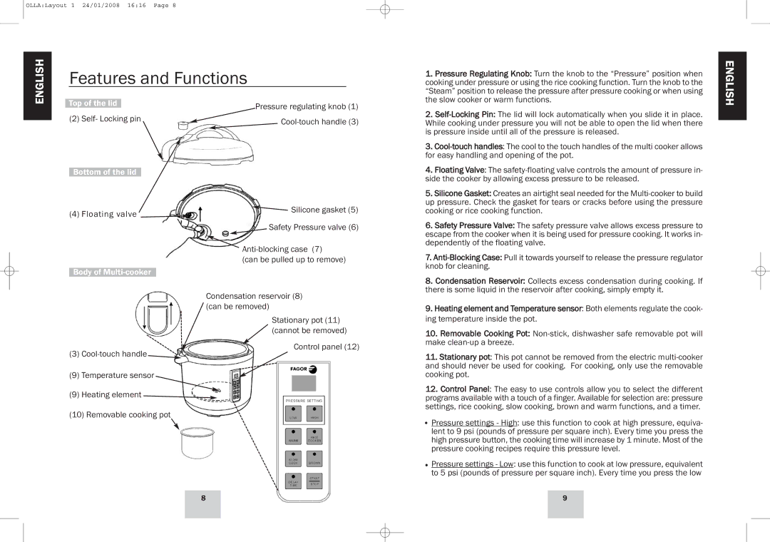 Fagor America Electric Multi-Cooker manual Features and Functions 