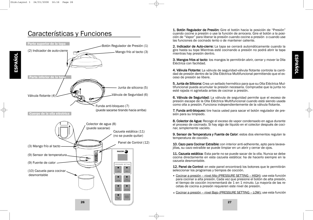 Fagor America Electric Multi-Cooker manual Características y Funciones, Español, Parte superior de la tapa 