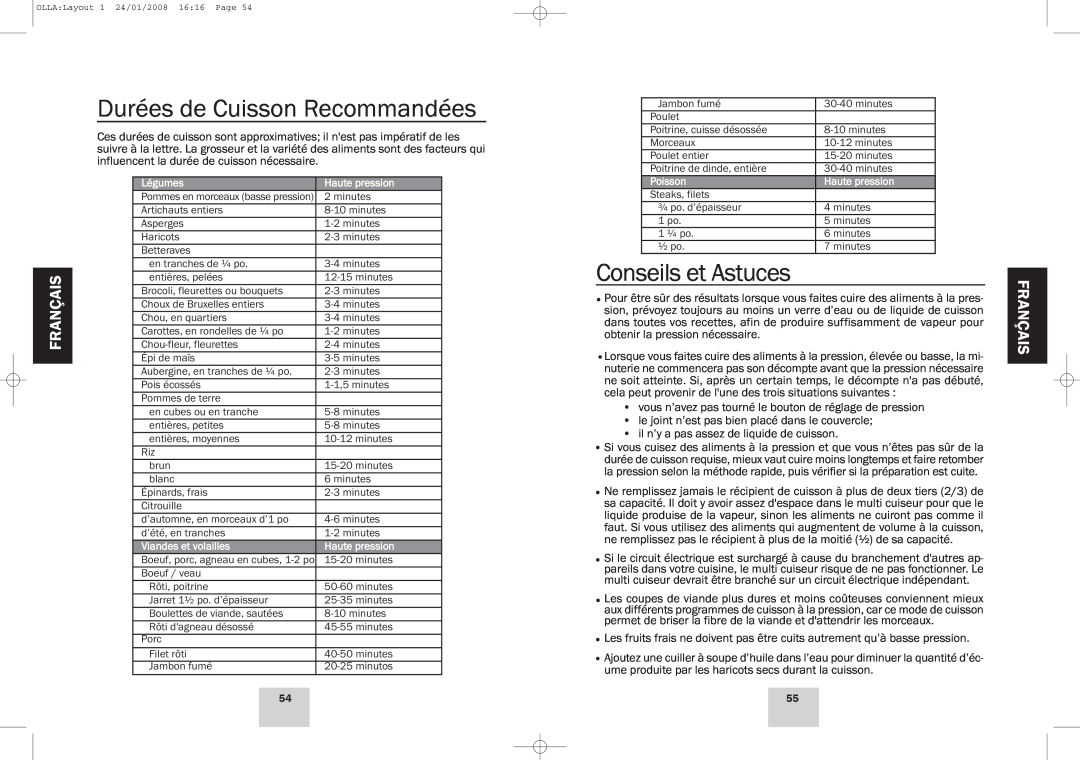 Fagor America Electric Multi-Cooker manual Durées de Cuisson Recommandées, Conseils et Astuces, Français 