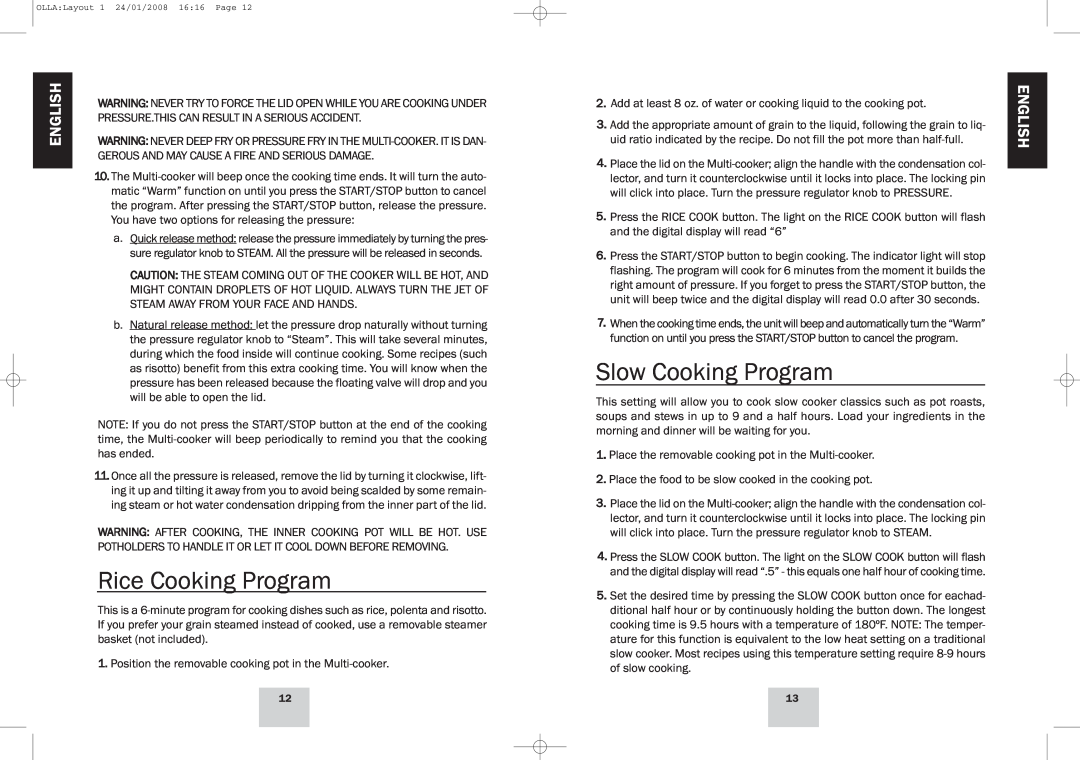 Fagor America Electric Multi-Cooker manual Rice Cooking Program, Slow Cooking Program, English 