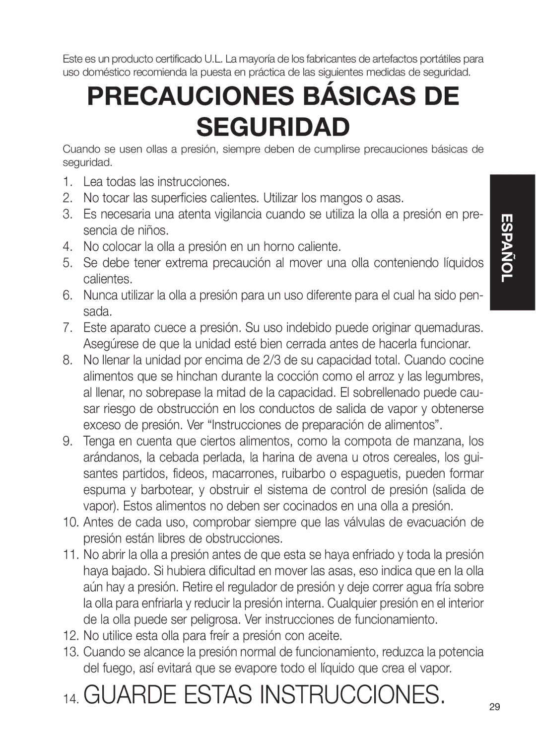 Fagor America Electric Pressure Cooker user manual Precauciones Básicas DE Seguridad 