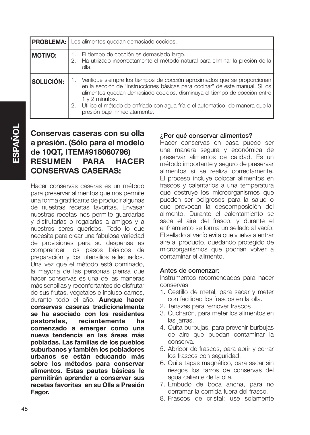 Fagor America Electric Pressure Cooker user manual ¿Por qué conservar alimentos? 