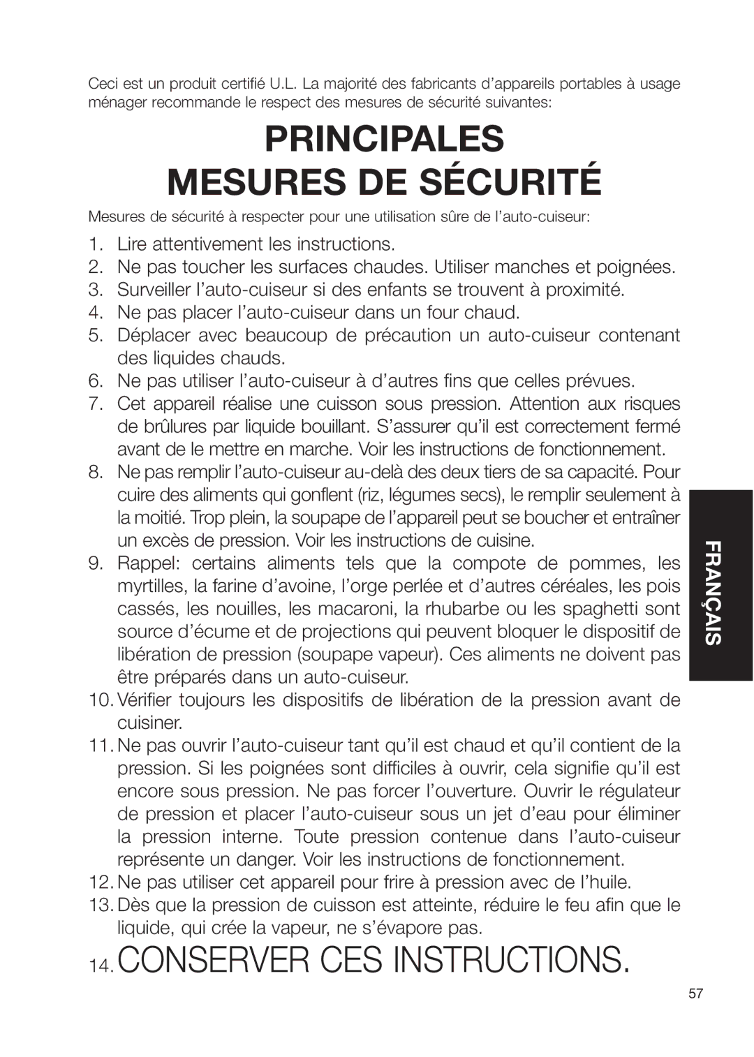 Fagor America Electric Pressure Cooker user manual Principales Mesures DE Sécurité 