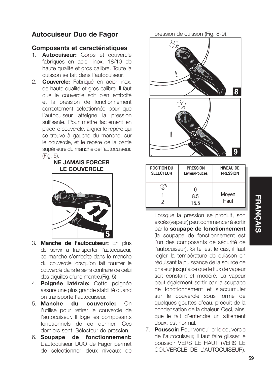 Fagor America Electric Pressure Cooker user manual Autocuiseur Duo de Fagor, Composants et caractéristiques 